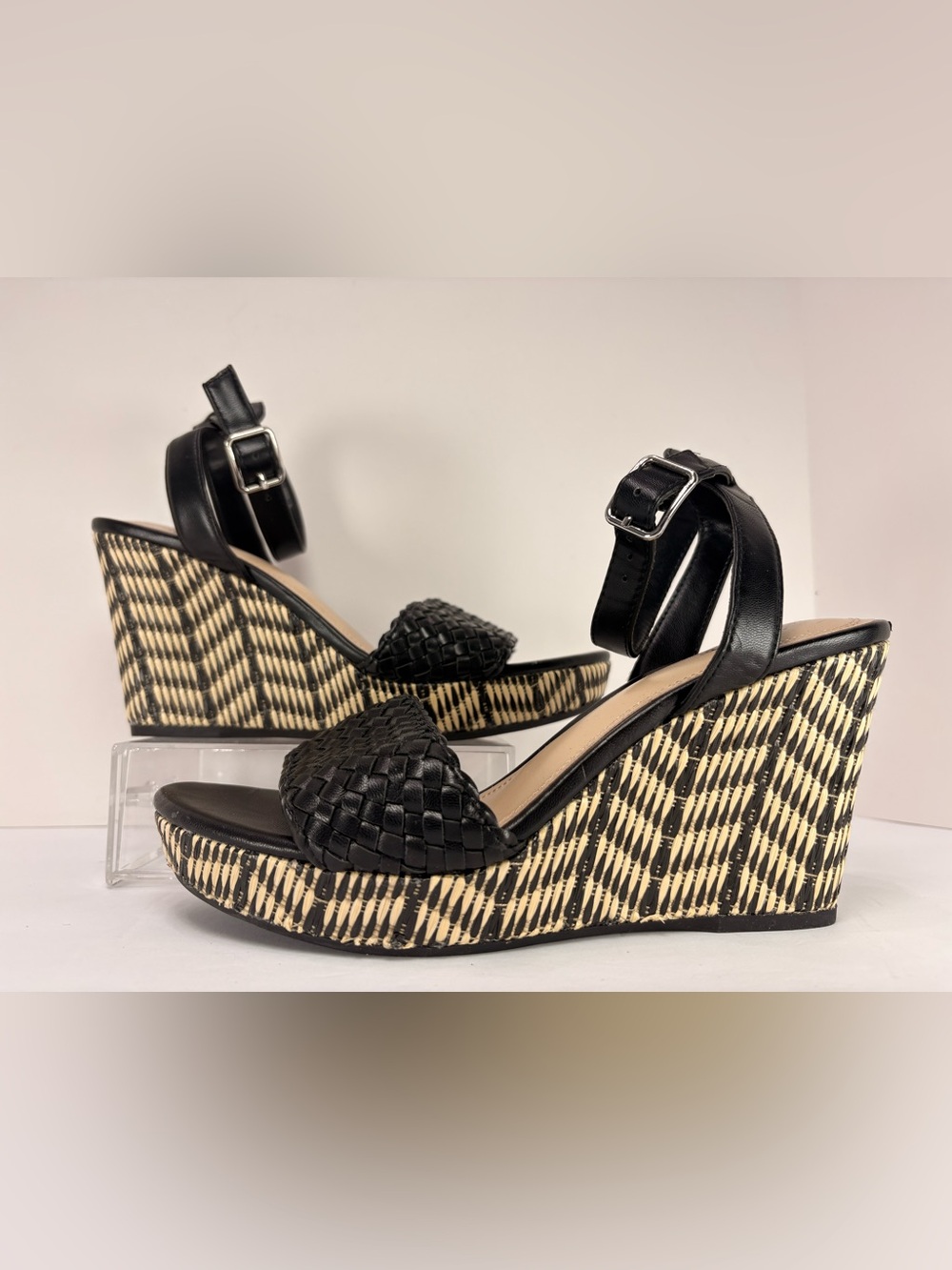 iMPo Osana 7475395 Black Cream Woven Platform Wedge Sandals Size 8M